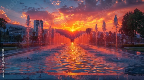 Sunset casts vibrant hues over the water fountains lining the boulevard at Scanderbeg Square, creating a picturesque urban scene.