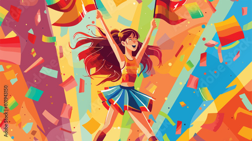 Beautiful young cheerleader with flag on color background