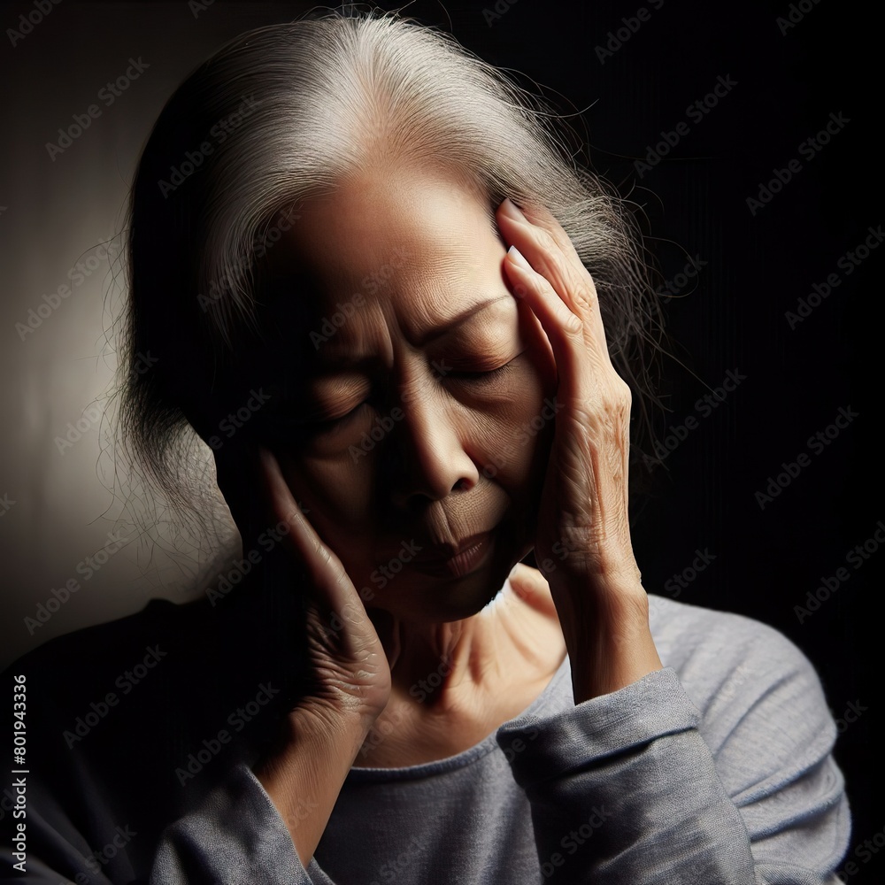 A old age asian woman portrait having a headache, with the rim light. The background is black A old age asian woman portrait having a headache, with the rim light. The background is black