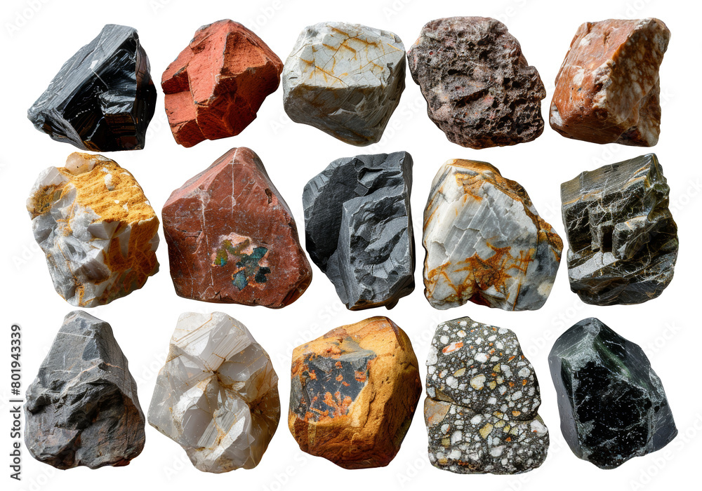 Varied collection of geological rock specimens, cut out - stock png. Varied collection of geological rock specimens, cut out - stock png.