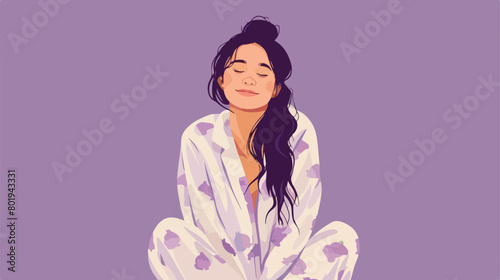 Beautiful young happy Asian woman in pajamas on purpl