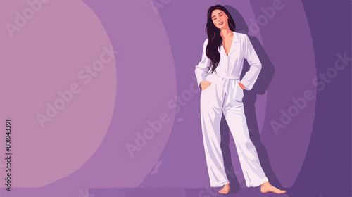 Beautiful young happy Asian woman in pajamas on purpl