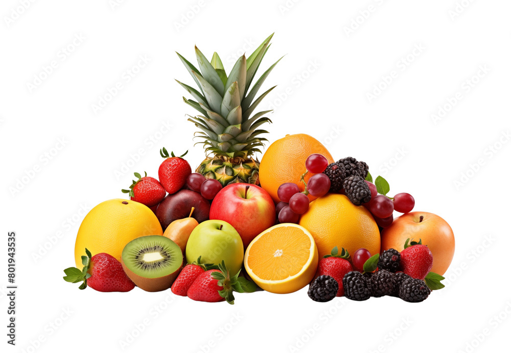 An assortment of fresh fruits, including berries, citrus, and grapes, arranged neatly against a transparent background. Generative AI An assortment of fresh fruits, including berries, citrus, and grapes, arranged neatly against a transparent background. Generative AI