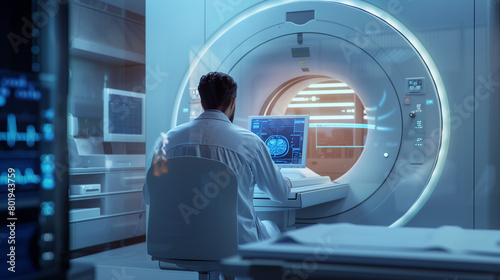 A radiologist seated behind a computer monitor, analyzing a magnetic resonance imaging MRI
