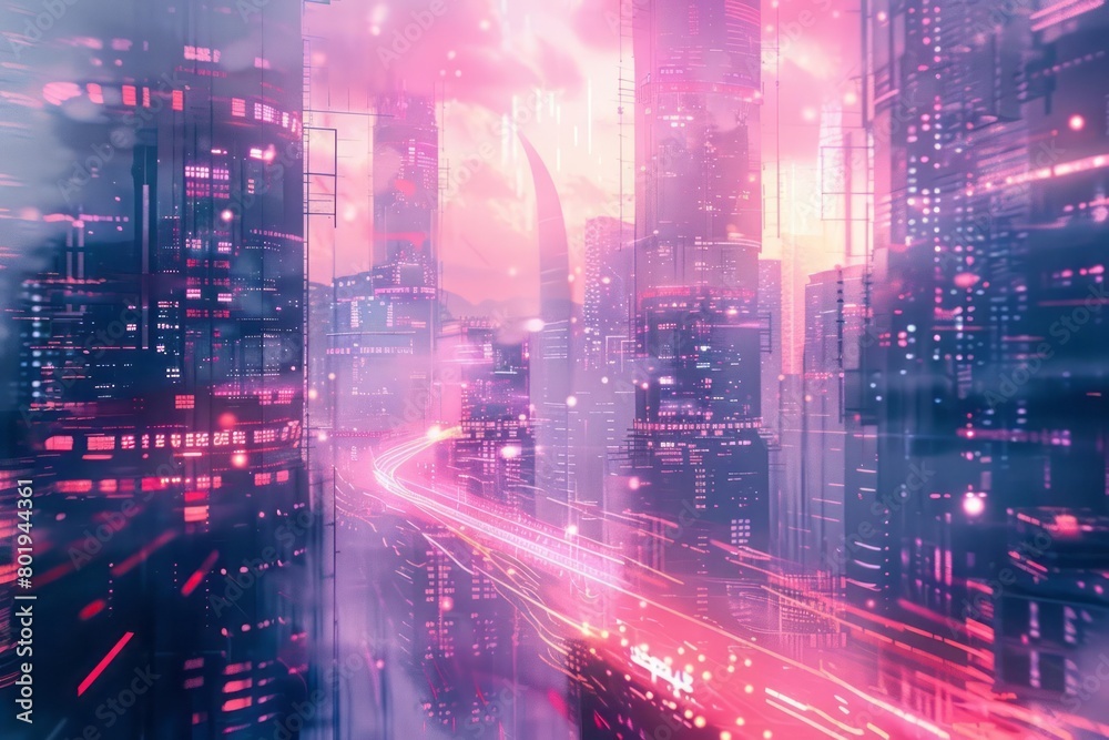 A futuristic cityscape with holographic elements for a trendy wallpaper