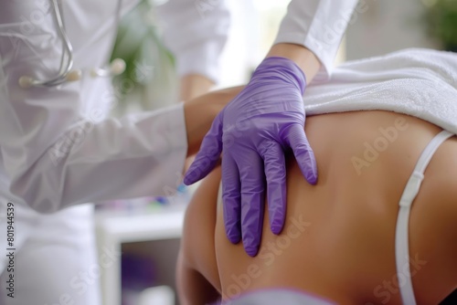 Allergy testing on a patient back, identifying specific triggers, medical environment photo