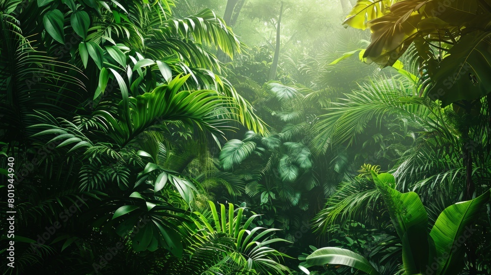 A tropical rainforest with diverse flora and fauna. Copy Space.