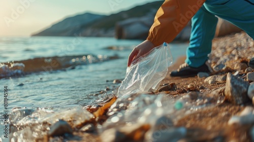 Detailed view of a person cleaning the coastline. Focusing on eliminating plastic waste photo
