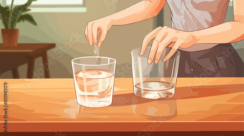 Woman adding baking soda into glass with water on woo photo
