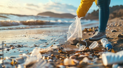 Detailed view of a person cleaning the coastline. Focusing on eliminating plastic waste photo