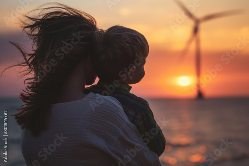 A mother standing with her child on a mountaintop, watching wind turbines at a wind farm in the distance under the setting sun.


