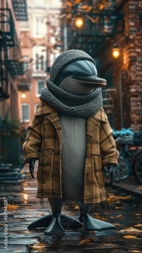 Sophisticated dolphin glides through urban waves in tailored splendor, epitomizing street style. The realistic cityscape forms a backdrop, capturing the aquatic grace merged with contemporary fashion 