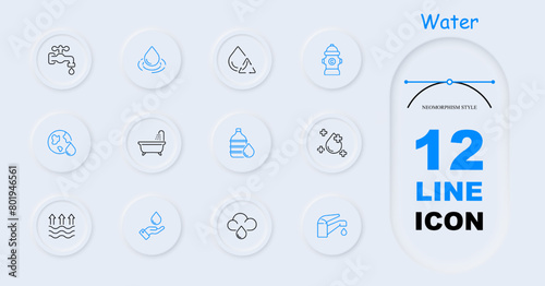 Water set icon. Faucet, aqua, recycling, improvement, cross, drop, ocean, water balance, water level, tap, crane, world, earth, planet, bathroom, hydrant, neomorphism. Environment care concept.