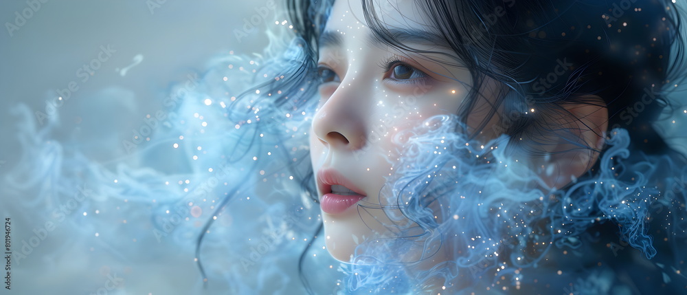 A stylized X-ray image of an Asian woman's chin, rendered in a soft palette of light sky blue color and deep blue The bone structure, beauty banner