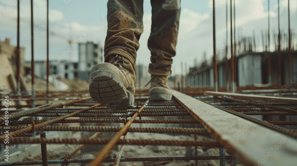 Worker Walking on Metal Platform at Construction Site