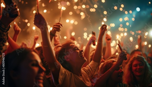 Joyful Concert Crowd with Sparklers at Night.