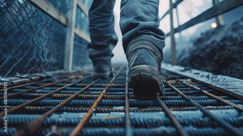 Worker Walking on Metal Platform at Construction Site photo