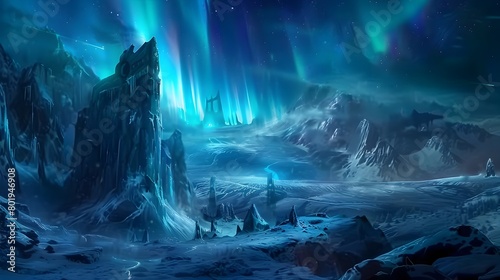 Breathtaking Arctic Aurora Landscape with Icy Cliffs and Celestial Lights © pkproject