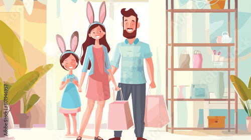 Happy family in bunny ears with shopping bags at home