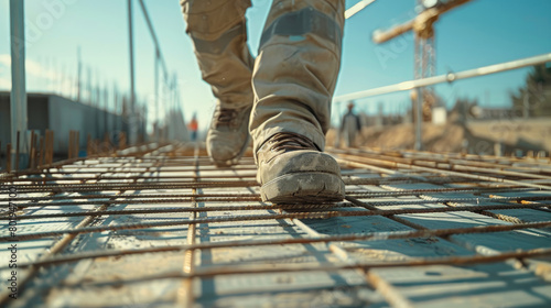 Worker Walking on Metal Platform at Construction Site