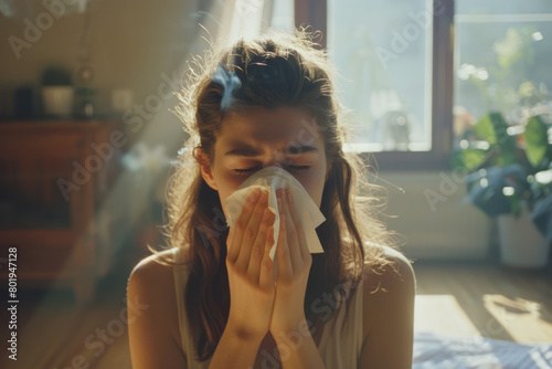 A young girl suffering from allergies, seen at home, covering her nose in discomfort.