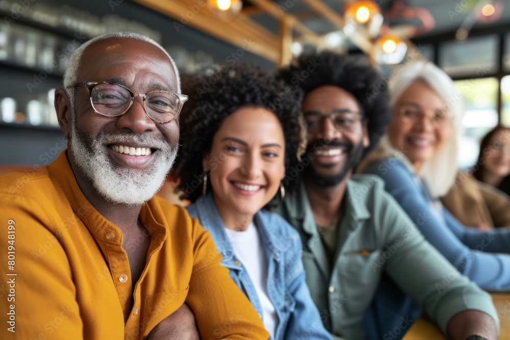 Portrait of smiling African-American man with friends sitting in cafe
