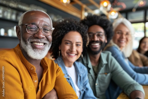 Portrait of smiling African-American man with friends sitting in cafe