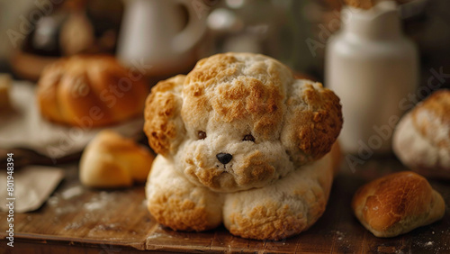 Cute Bichon Frise shaped bread in the kitchen