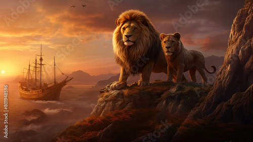 Lion, Couple, Mountains, Sunset, Ship, Cat, Animal photo