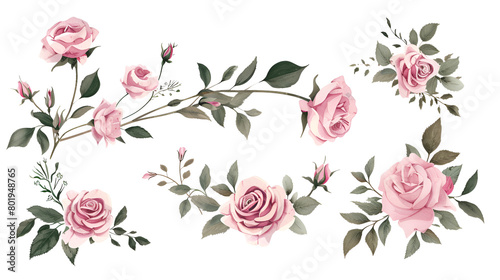 Set of floral branch. Flower pink rose green leaves, generative ai