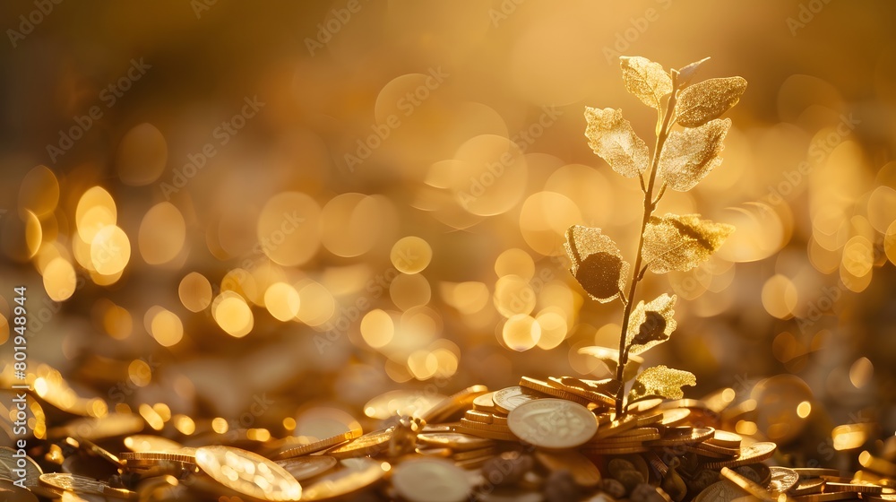 A golden sapling sprouting from a treasure of coins bathed in warm light A golden sapling sprouting from a treasure of coins bathed in warm light