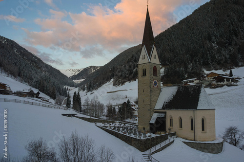 church of val di mezzo at sunrise in southtyrol photo