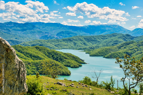 Bovilla, Albania - April 27, 2024. Attractive spring view of Bovilla Lake, Tirana city location. Majestic morning landscape of Albania, Europe. Beauty of nature concept background. Hike, breath, relax