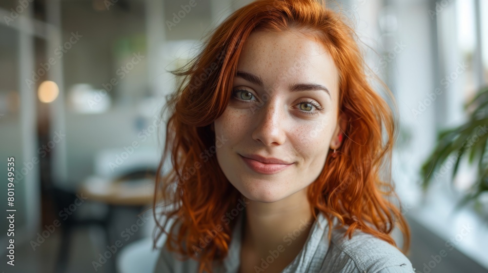 a happy 25-year-old redhead radiates style in an office photo a happy 25-year-old redhead radiates style in an office photo