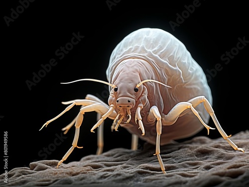 Closeup of a dust mite, captured in high detail to highlight its role in the ecosystem against a dark background