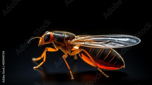 Closeup of a firefly just before flight, illuminated against a dark background