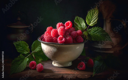 raspberries in a bowl in a rustic setting, AI generated