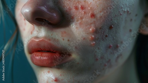 Close-Up: Person's Face with Redness, Bumps, and Pus-filled Lesions, Signaling Acne or Skin Infection, for symptoms presentation, for skin related articles photo