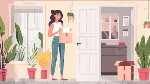 Woman receiving parcel from courier at home Vector illustration
