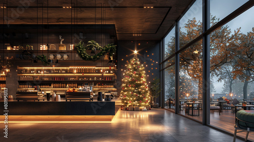 3D render of a coffee shop with a large window displaying a Christmas tree and lights, where customers gather to enjoy the festive decor and seasonal beverages photo