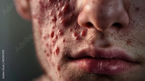 Close-Up: Person's Face with Redness, Bumps, and Pus-filled Lesions, Signaling Acne or Skin Infection, for health-related blogs, for health-related articles photo