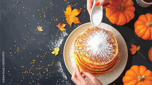 Woman sprinkling sugar powder onto tasty pumpkin panc photo