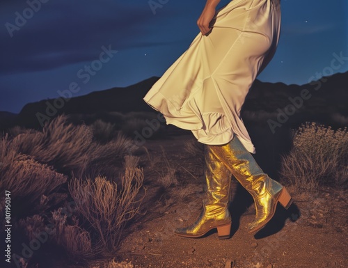 Anonymous woman in luminous cowboy boots, enchanting southwestern darkness