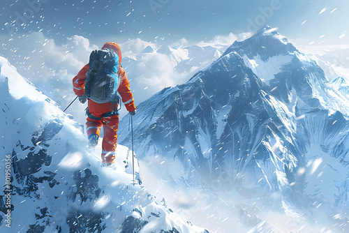 Mountaineer climbing snowy peaks, extreme winter trek adventure, video game concept art, explorer in harsh environment, survival challenge © Prasanth
