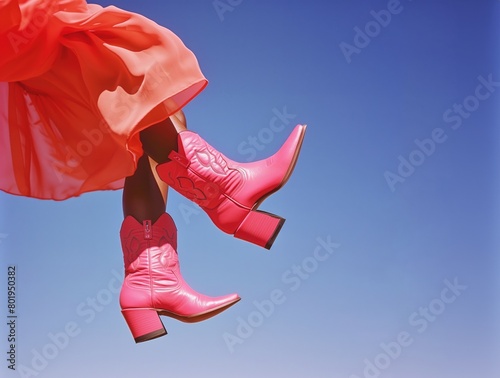 Vivid red leather cowboy boots swinging in air, fashion editorial photograph with copy space