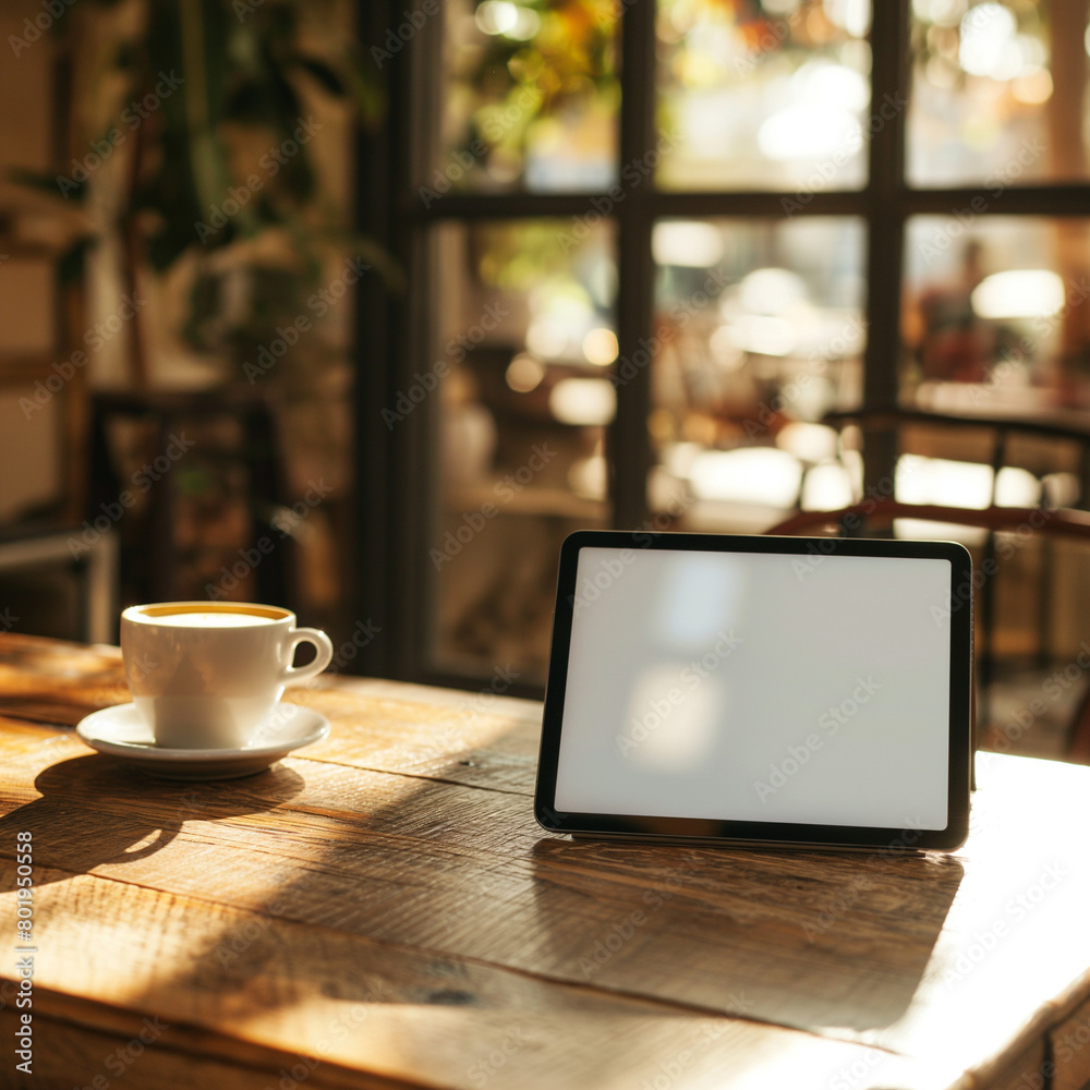 Cozy Café Ambiance: Coffee and Tablet on Wooden Table in Warm Natural Light Cozy Café Ambiance: Coffee and Tablet on Wooden Table in Warm Natural Light
