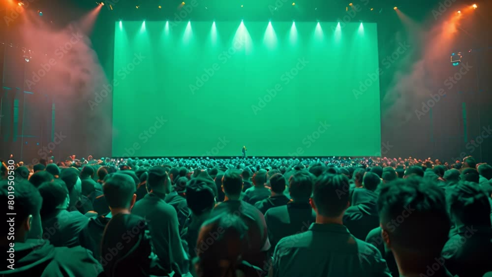 Audience in conference room or theater,movie cinema, Behind Her Movie Theater with Green Screen, Mock-up, Chroma Key. CEO Shows Leadership on Business Live Event or Device Reveal Copy space. Back view