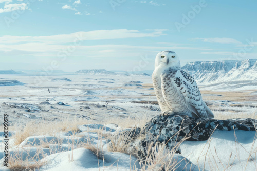 Snowy owls roam the Arctic, which appears devoid of snow.
