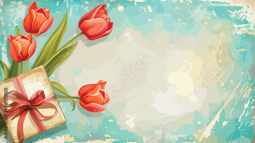 Blank greeting card gift and beautiful tulip flowers