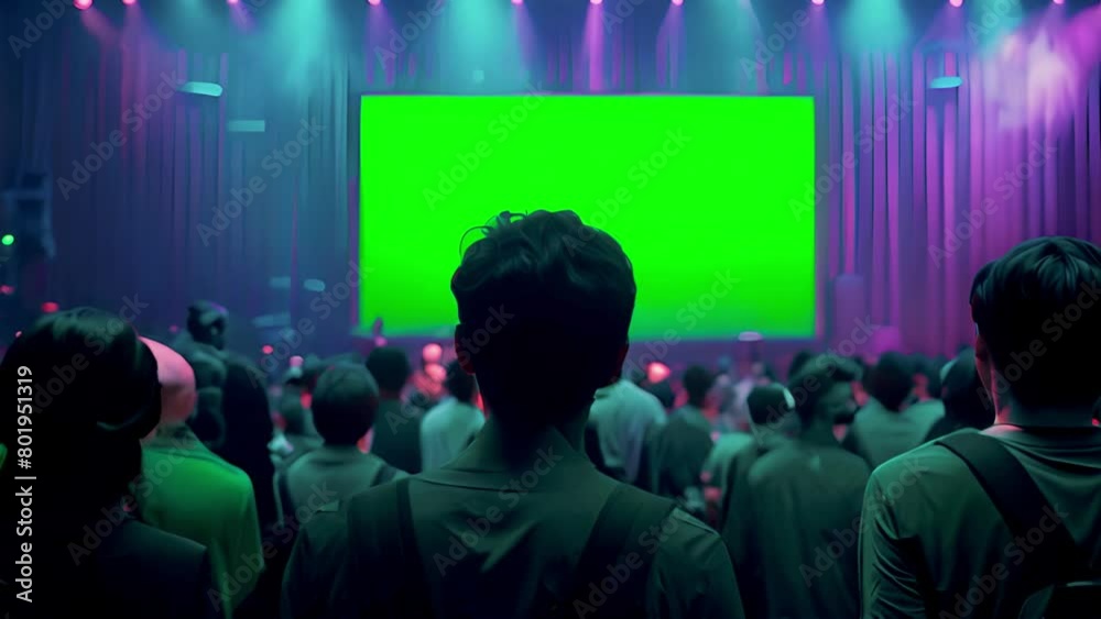 Audience in conference room or theater,movie cinema, Behind Her Movie Theater with Green Screen, Mock-up, Chroma Key. CEO Shows Leadership on Business Live Event or Device Reveal Copy space. Back view